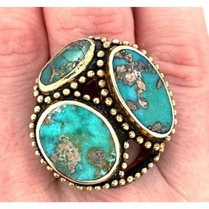 Vintage One Of A Kind Design Persian Turquoise Vermeil 3 Stone Statement Ring